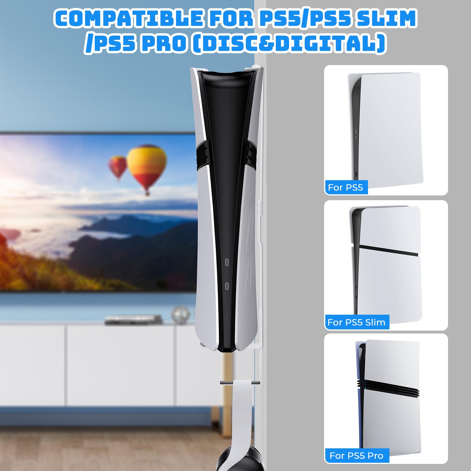 Supporto da Parete per PS5, Staffa da Parete per PS5/PS5 Slim/PS5 Pro Staffa per Montaggio a Parete per PS5/PS5 Slim/PS5 Pro in Acciaio con Gancio per Cuffie, 2 Supporti per Controller