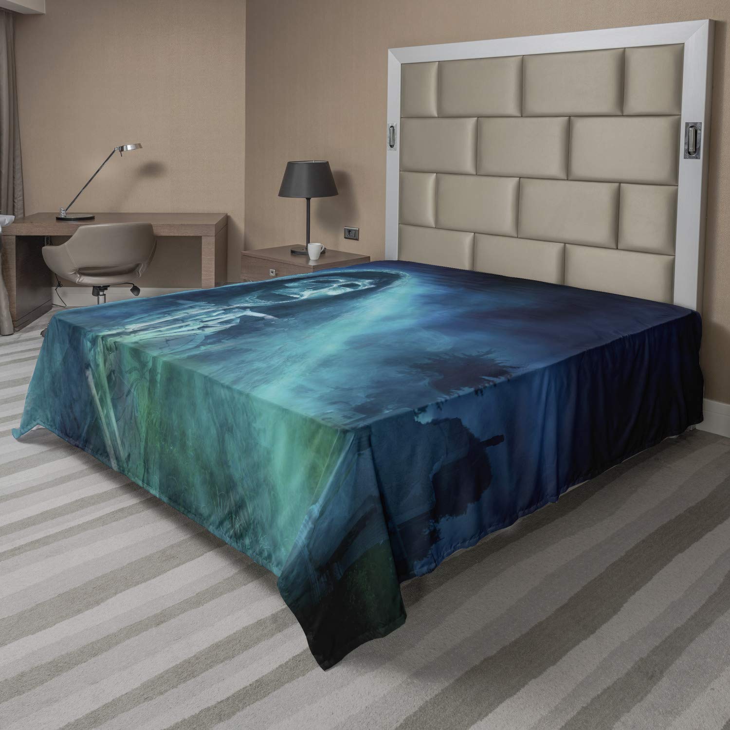 Ambesonne Halloween Flat Sheet, Gothic Dark Backdrop a Dead Ghost Skull Mystical Haunted Horror Themed Digital Art, Soft Comfortable Top Sheet Decorative Bedding 1 Piece, California King, Blue