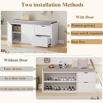 LVB Hallway Storage Bench, Long Shoe Bench with Drawers and Storage Shelf, Modern Entryway Benchs with Padded Cushion Seat, Wooden Shoe Rack for Foyer Entrance Living Bedroom, White Oak, 100 CM