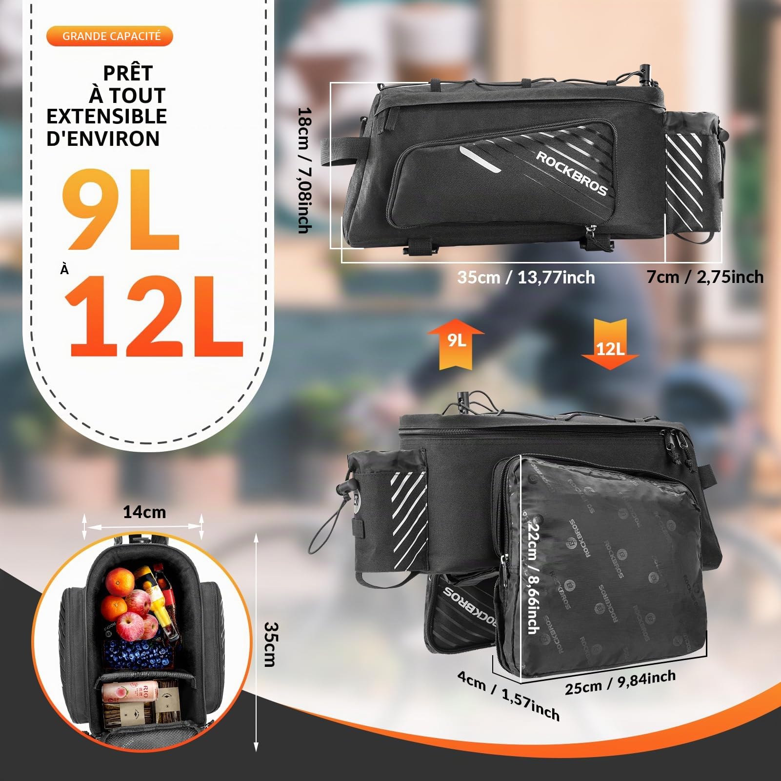 ROCKBROS Sacoche Vélo Bicyclette Porte-Bagages Arrière 9-12L, Sac Pliable de Rangement Sac de Transport pour Vélo de Route VTT Portable avec Housse de Pluie Noir