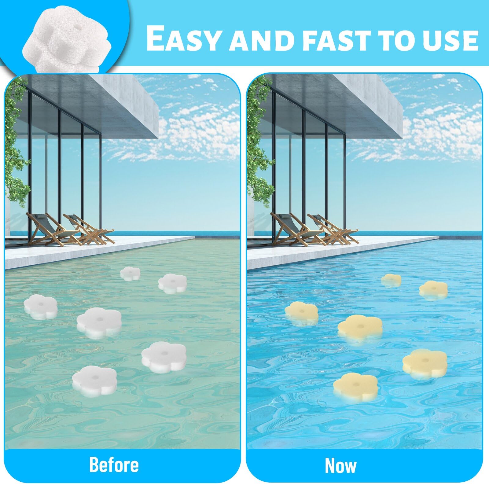 Éponge Absorbant l'Huile 16 Pièces, Éponge Filtre pour Piscine, Spa, Cuisine (Fleur)