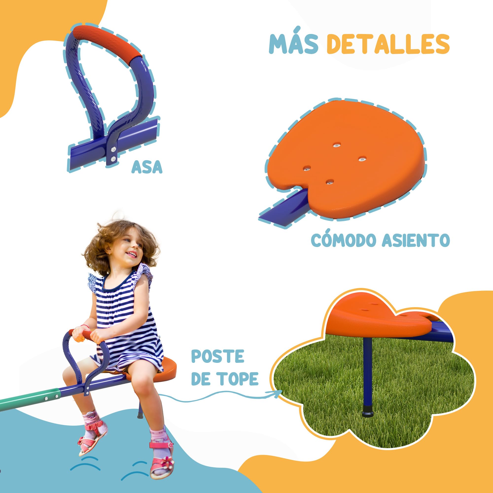 Outsunny Balancín para Niños Carga 90 kg Sube y Baja Infantil Giratorio 360° Barra con Longitud Ajustable con Poste Amortiguador Asiento Cómodo Asa Suave y Base de Acero para Patio Jardín Multicolor