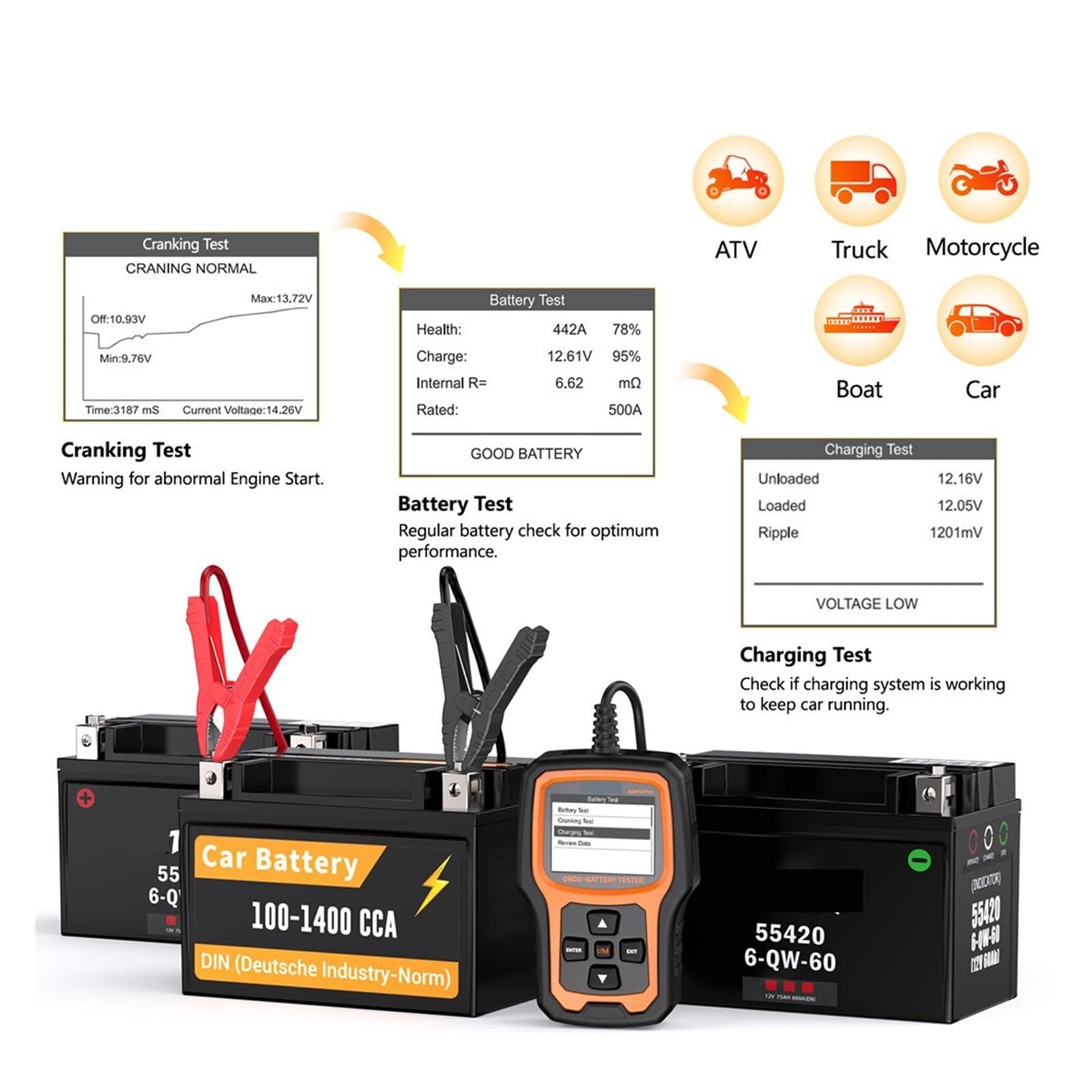 Probador de batería, Escáner AD410 con probador de batería automático, herramienta análisis del carga arranque código luz motor