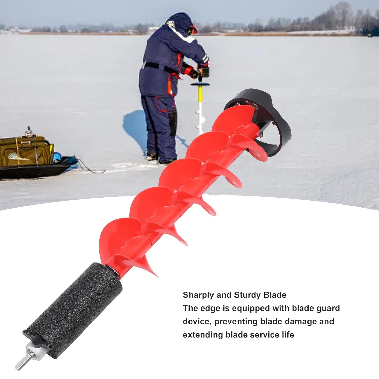 Zunate Ice Auger - 6 Inch Rotating Diameter Ice Fishing Auger Drill Bit with 2 Blades and Locating Device for Deep Ice Waters, Red