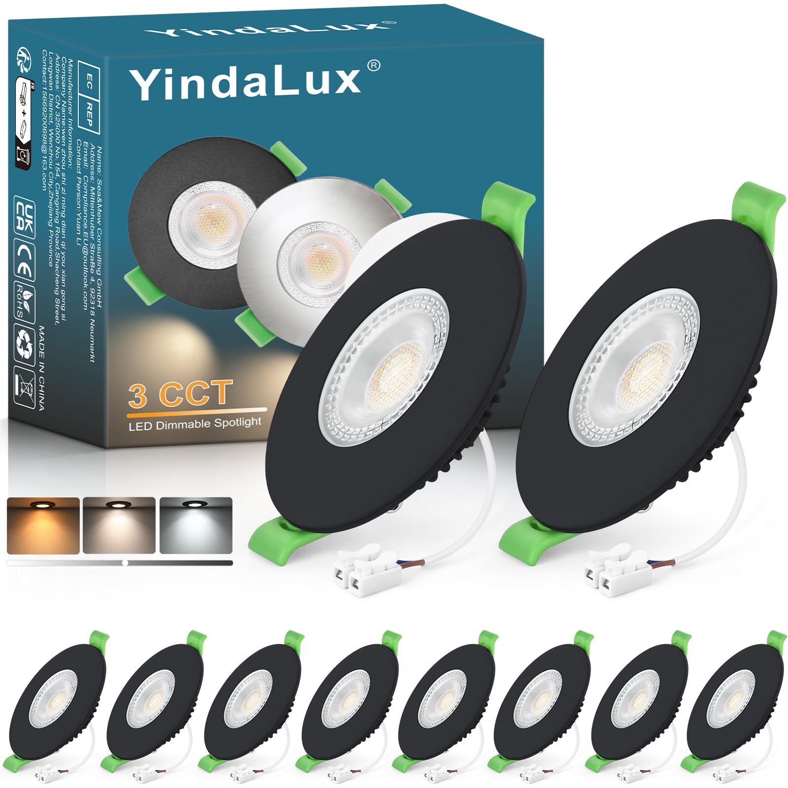 YindaLux Recessed LED Spotlight 230V Dimmable 7W 700LM – Black Ceiling Spot, 60-75mm Hole Size, IP65 Bathroom Recessed Lighting – Warm 2700K | Neutral 4000K | Cool 6000K (10-Piece Set)