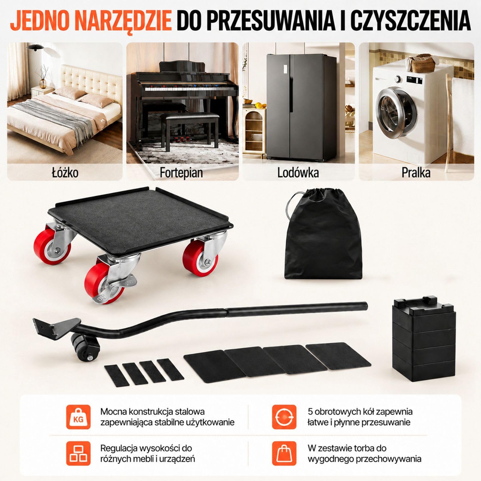 Wózek meblowy zestaw 4 sztuki z 5 kołami obrotowymi do szafy sofy stołu i przeprowadzki