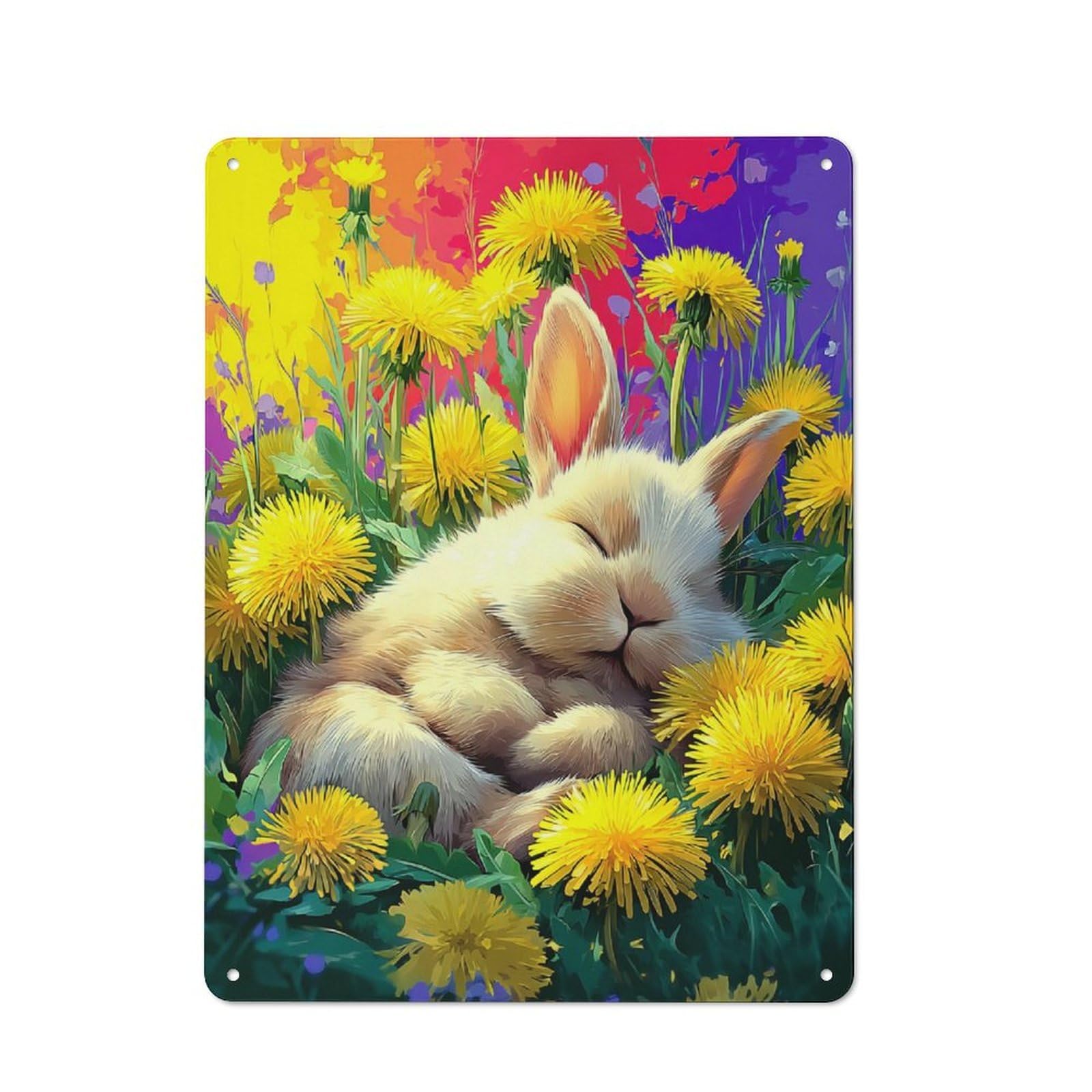 Junmoney Sleeping Bunny In Dandelion Field -2 Vintage Metal Gift Sign 40X30cm, Home Wall Decor For Bedroom, Kitchen, Office Or Living Room