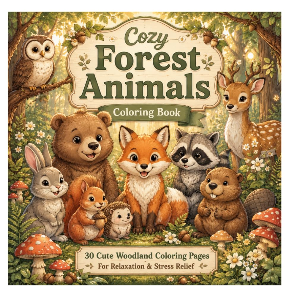 Cozy Forest Animals: 30 Cute Woodland Coloring Pages for Relaxation & Stress Relief