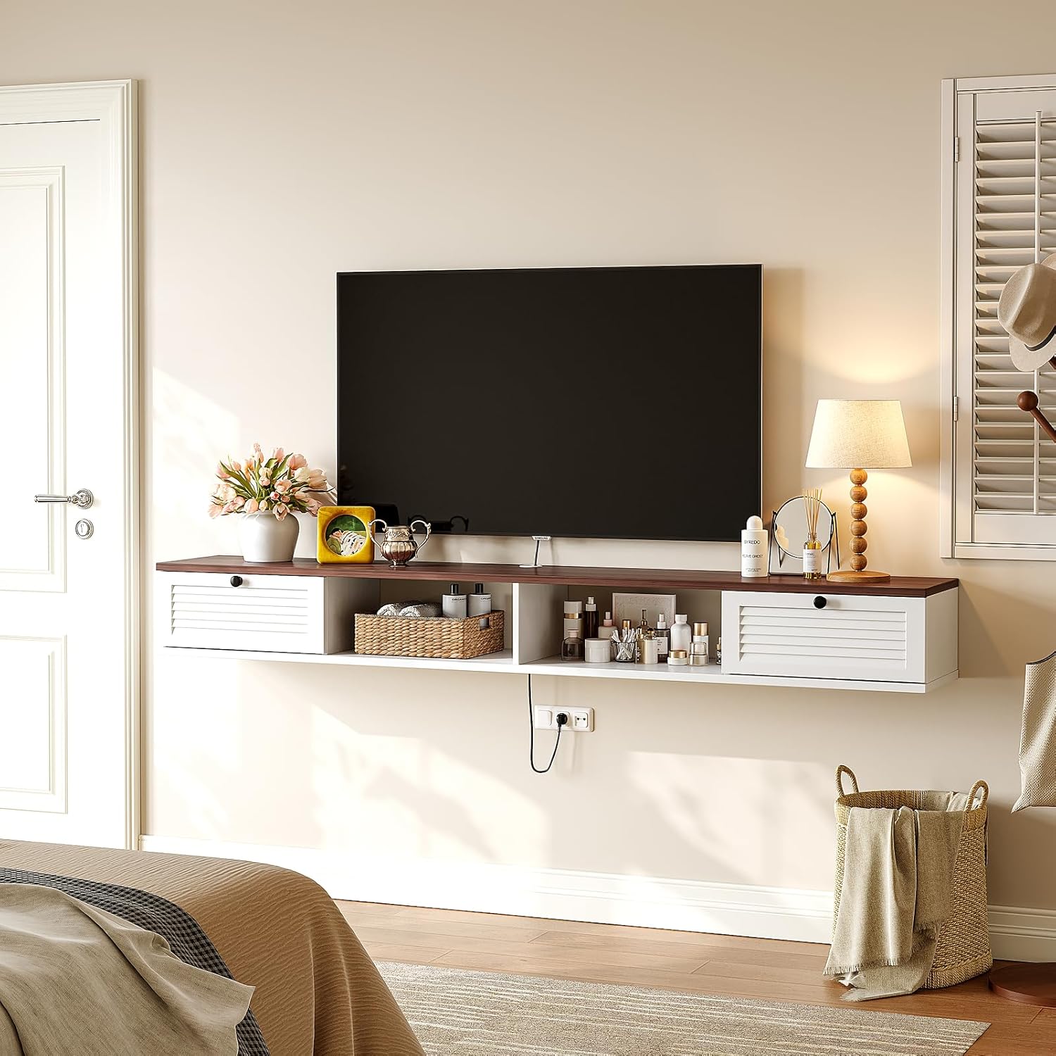 Floating TV Stand,Plywood Wall Mounted Media Console with 2 Doors & Open Storage, Modern Under TV Cabinet for Living Room & Bedroom,White & Walnut, 47 inch