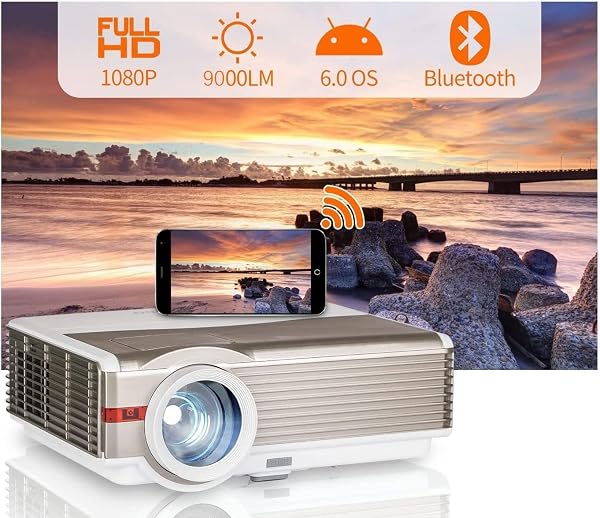 Proyector nativo de 1080p de 9000 L con WiFi Bluetooth, pantalla de 200 pulgadas, proyector de cine en casa, fiesta interior al aire libre, pantalla de sincronización inalámbrica para iOS/Android teléfono/tabletas, con piedra trapezoidal 4D y zoom 🥇✔️ ® A Pedido 🏆™