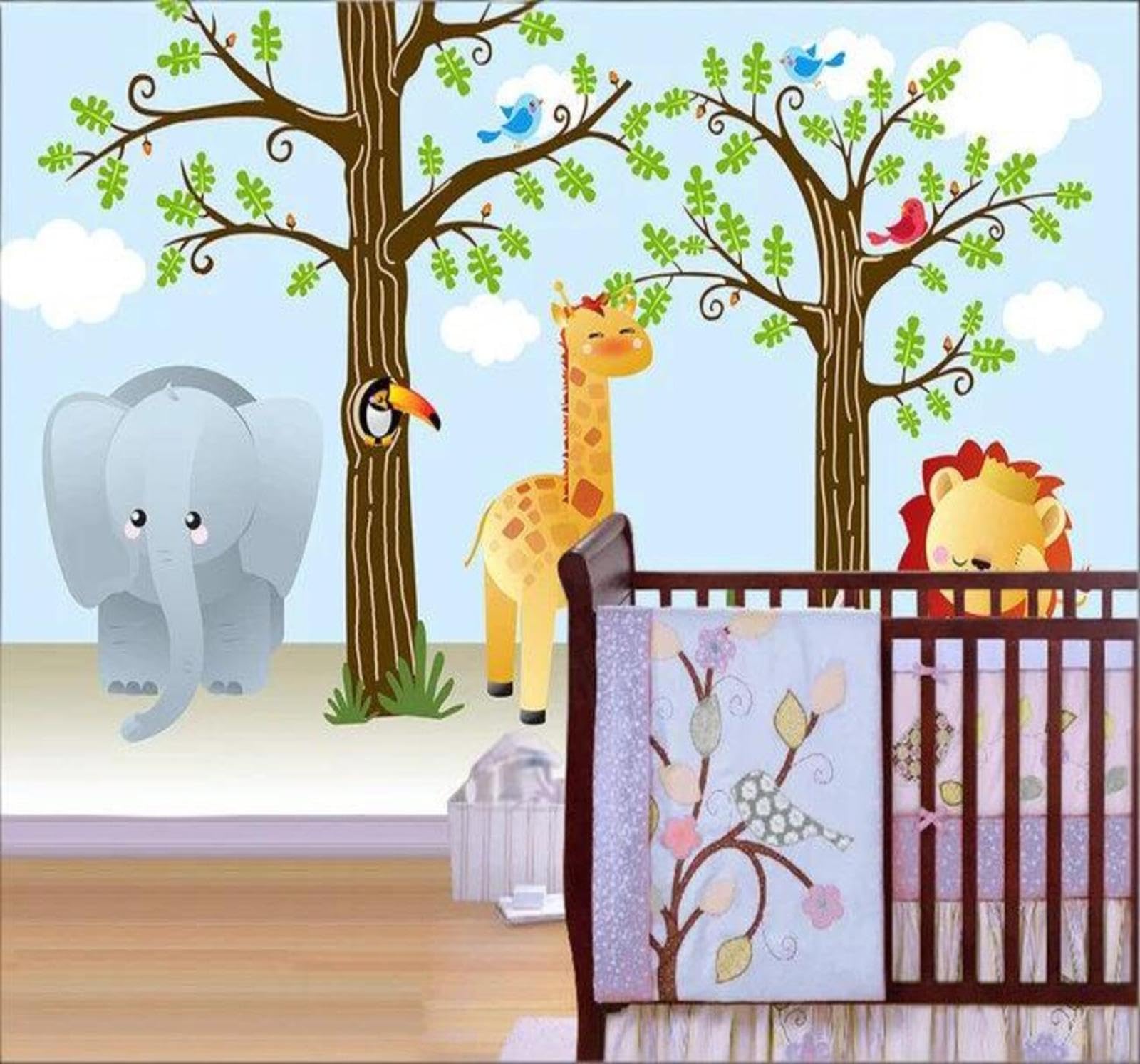 Wallpaper-3D-Xlm 350Cm×256Cm(B×H) Cartoon Fresh Trees Animals Elephants 3D Wallpaper Easy Install Feature Office Living Room Sofa Bedroom Tv Background Wall Decoration-350Cm×256Cm