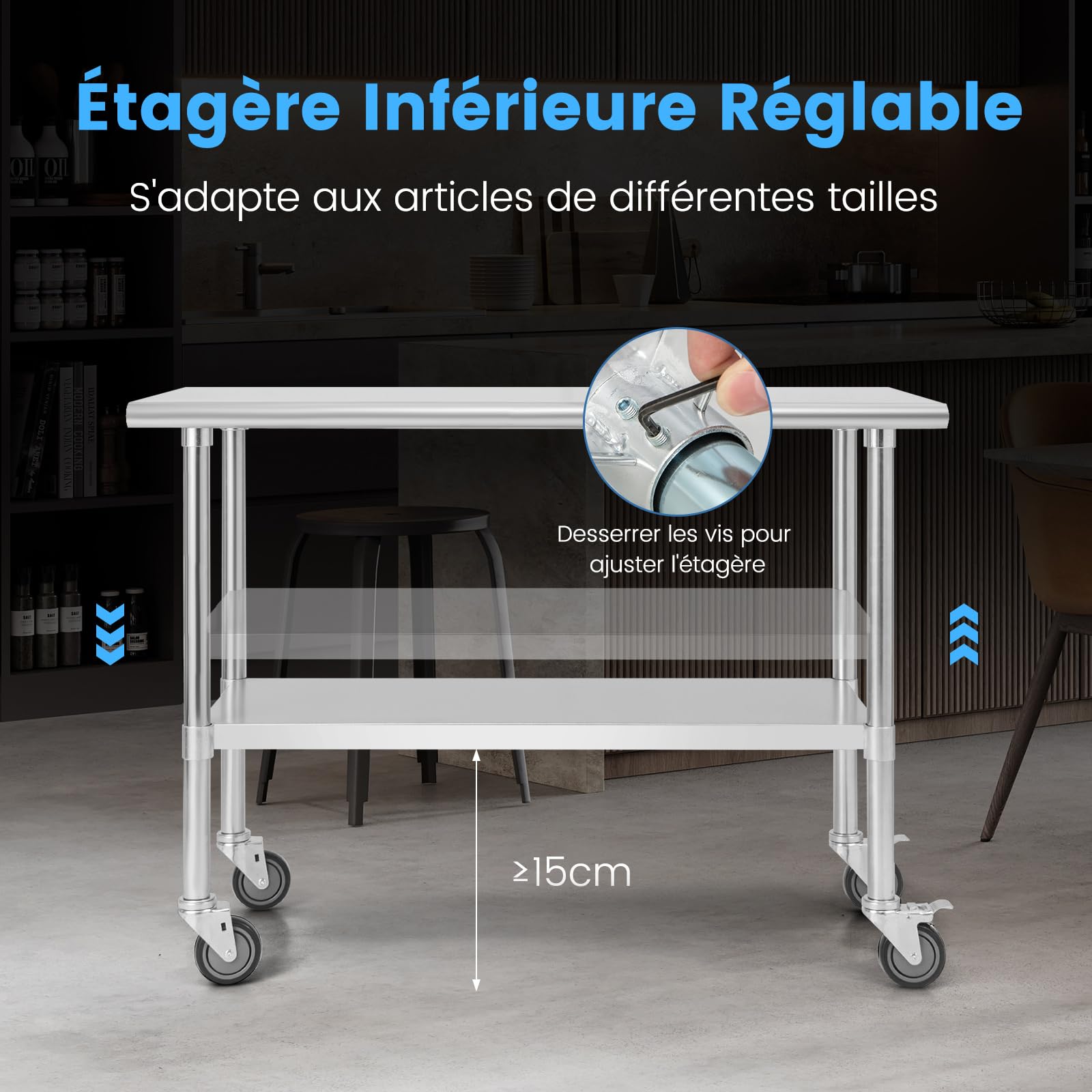 COSTWAY Table de Travail Cuisine 61 x 122 cm, en Acier Inoxydable à 2 Niveaux 2 Roues Verrouillables, Plateau Inférieure Réglable, Charge 250 kg, Extérieur/Intérieur pour Cuisine, Restaurant, Jardin
