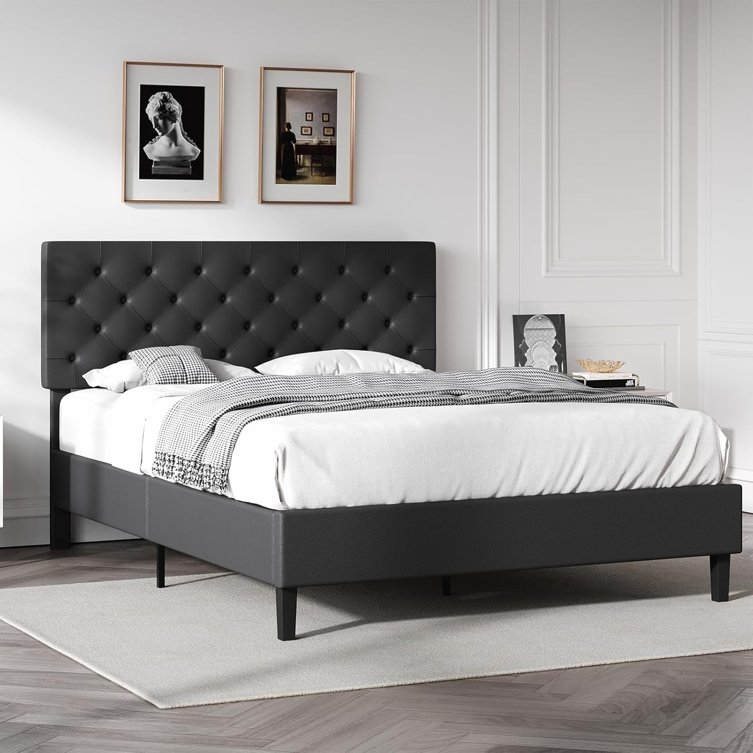 Queen Bed Frame with Headboard, Faux Leather Upholstered Platform Bed Frame, Black Bed Frame Queen Size, Wooden Slat Support, No Box Spring Needed, Black