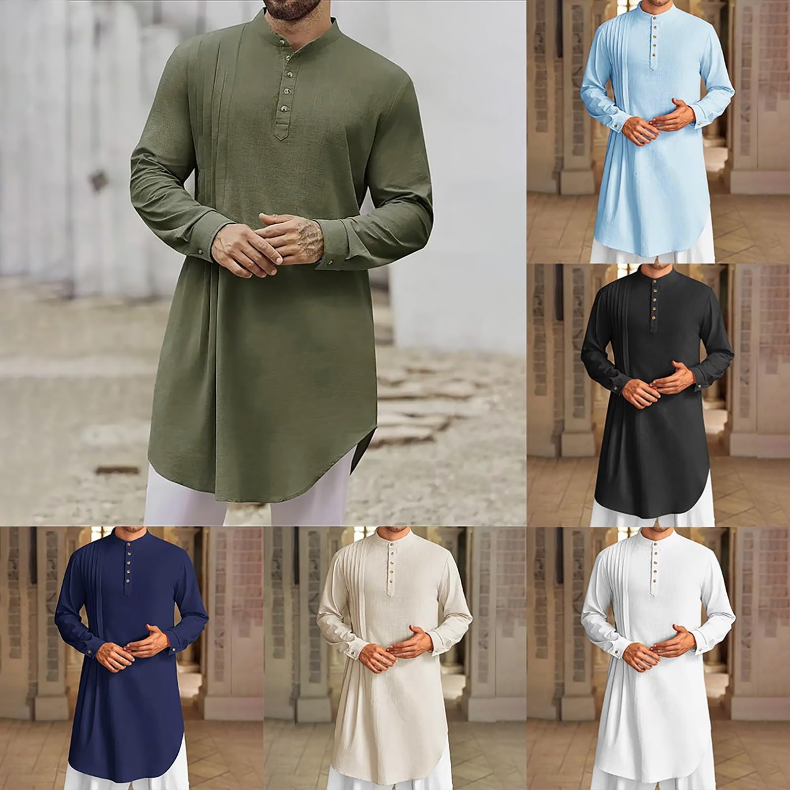 Caftan à manches longues pour homme - Robe musulmane d'été cool Jilbab - Vêtement islamique - Robe arabe marocaine afghane - Longueur moyenne - Couleur unie - Jilbab - Rétro - Coupe ajustée