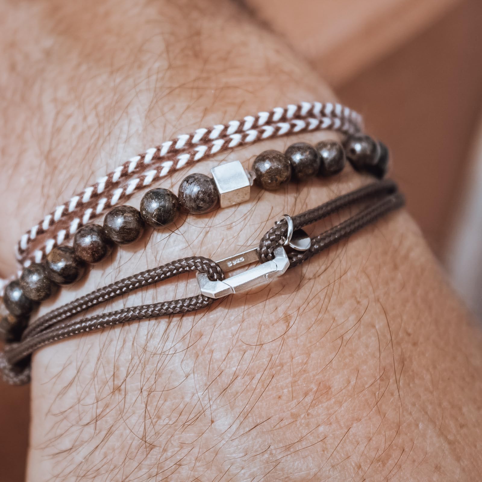Nato Cuff - Bracciale in Argento 925 - Perline Pietre semipreziose - Gioielli Uomo o Donna fatti a mano in Francia