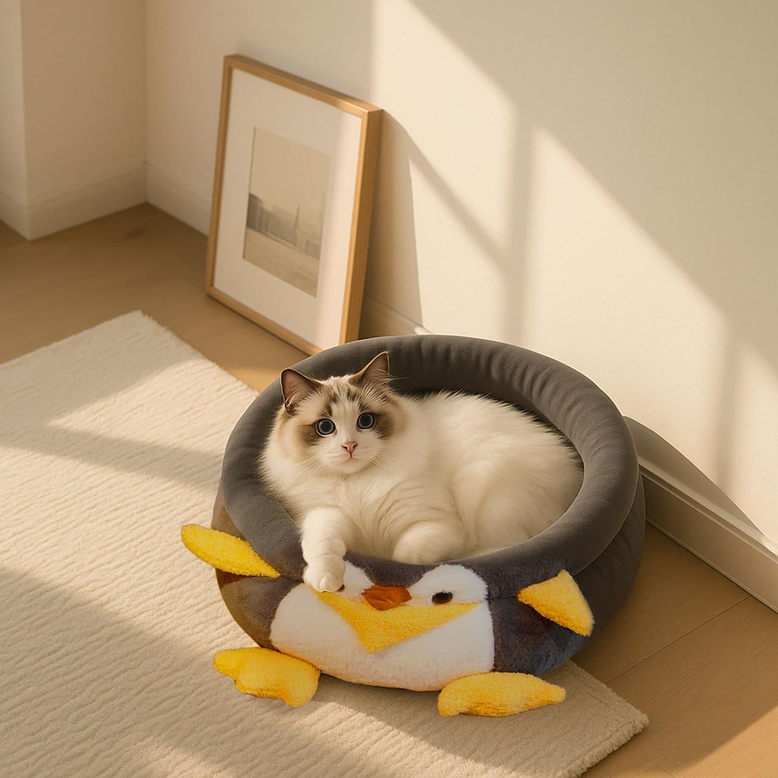 VIEFIN Cute Cat Beds for Indoor Cats, Soft Small Dog Beds, Washable Pet Beds for Puppy and Kitty, Funny Penguin Cat Beds, 20 inch