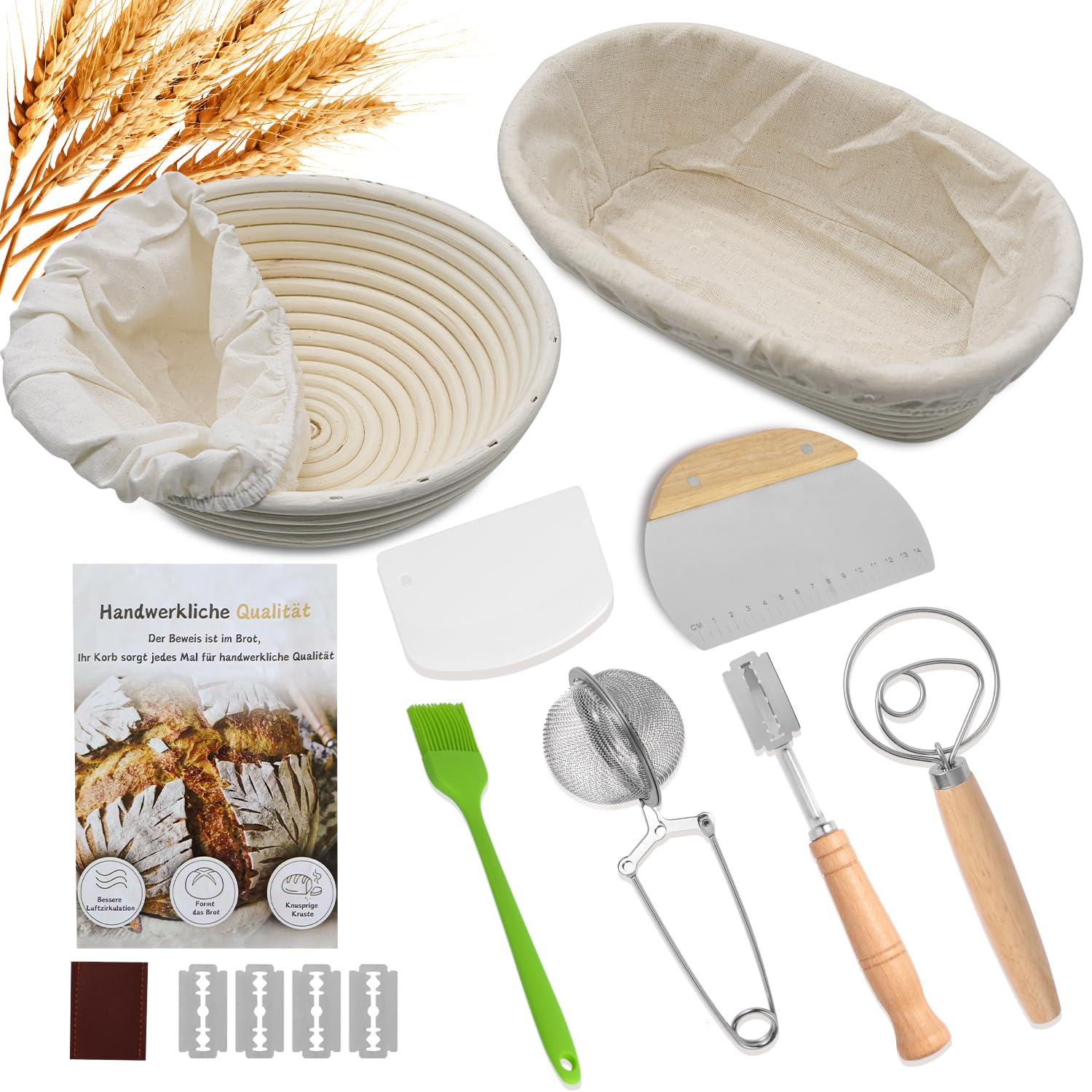 Kit de démarrage au levain, panier à pain rond et ovale avec fouet à pâte danois, grattoir à pâte en acier inoxydable, grattoir à pâte flexible