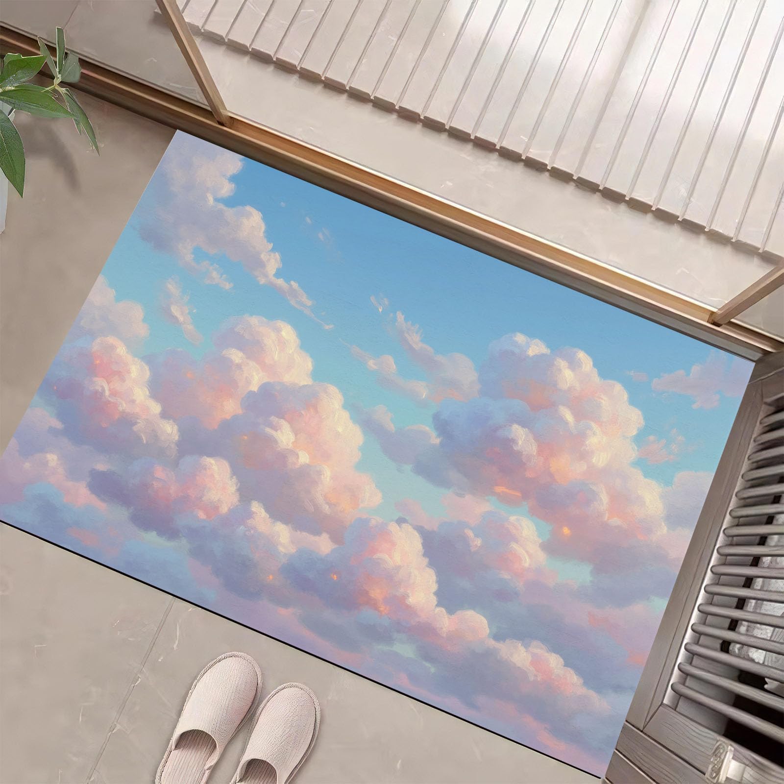 Tapis de sol antidérapant bleu et beige au motif d'illustration ciel