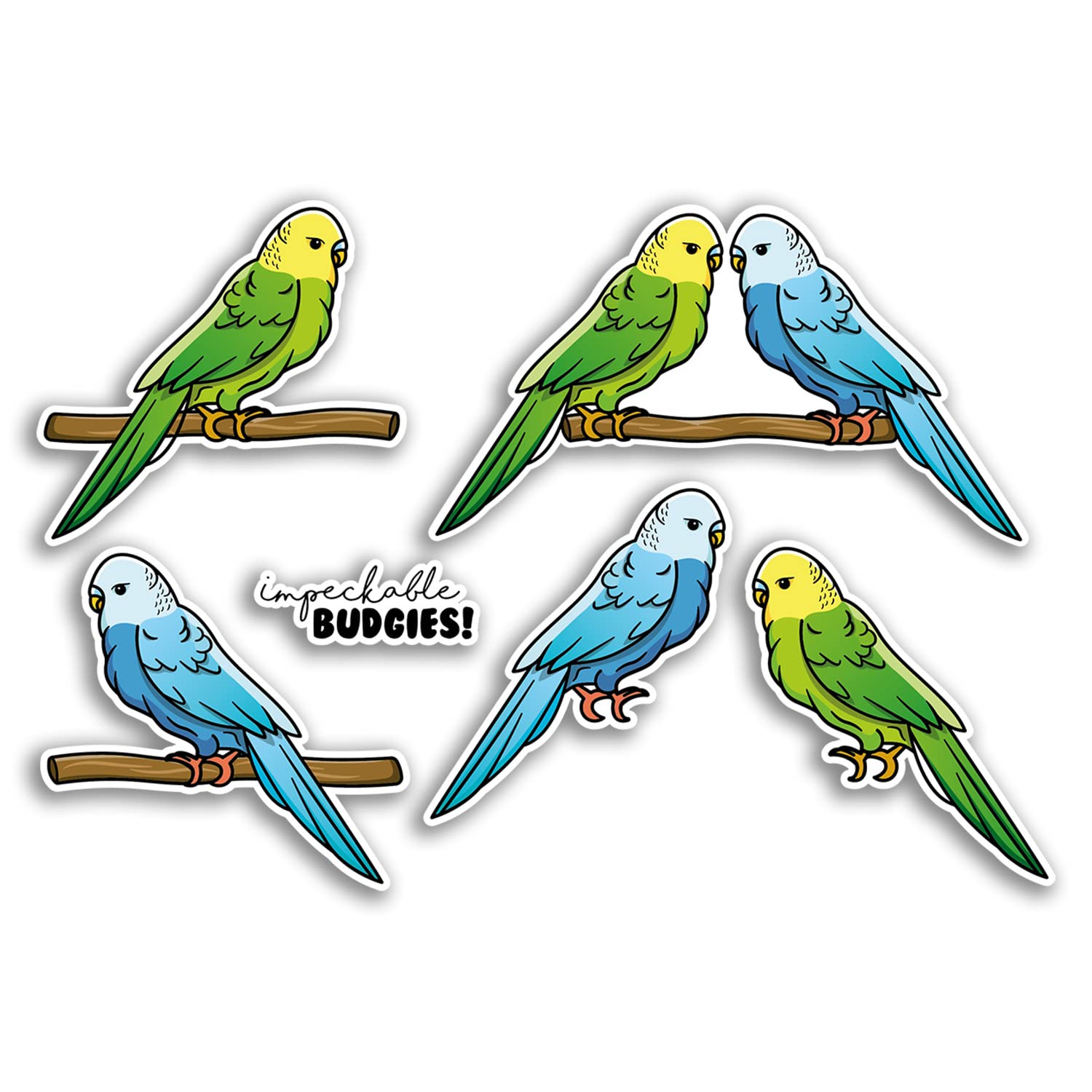 Dv Design Multi A5 Sticker Sheet Budgie Birds Vinyl Stickers - Pets Animal Budgerigar Parrot Bird Blue Yellow Green Cartoon Aesthetic #77549