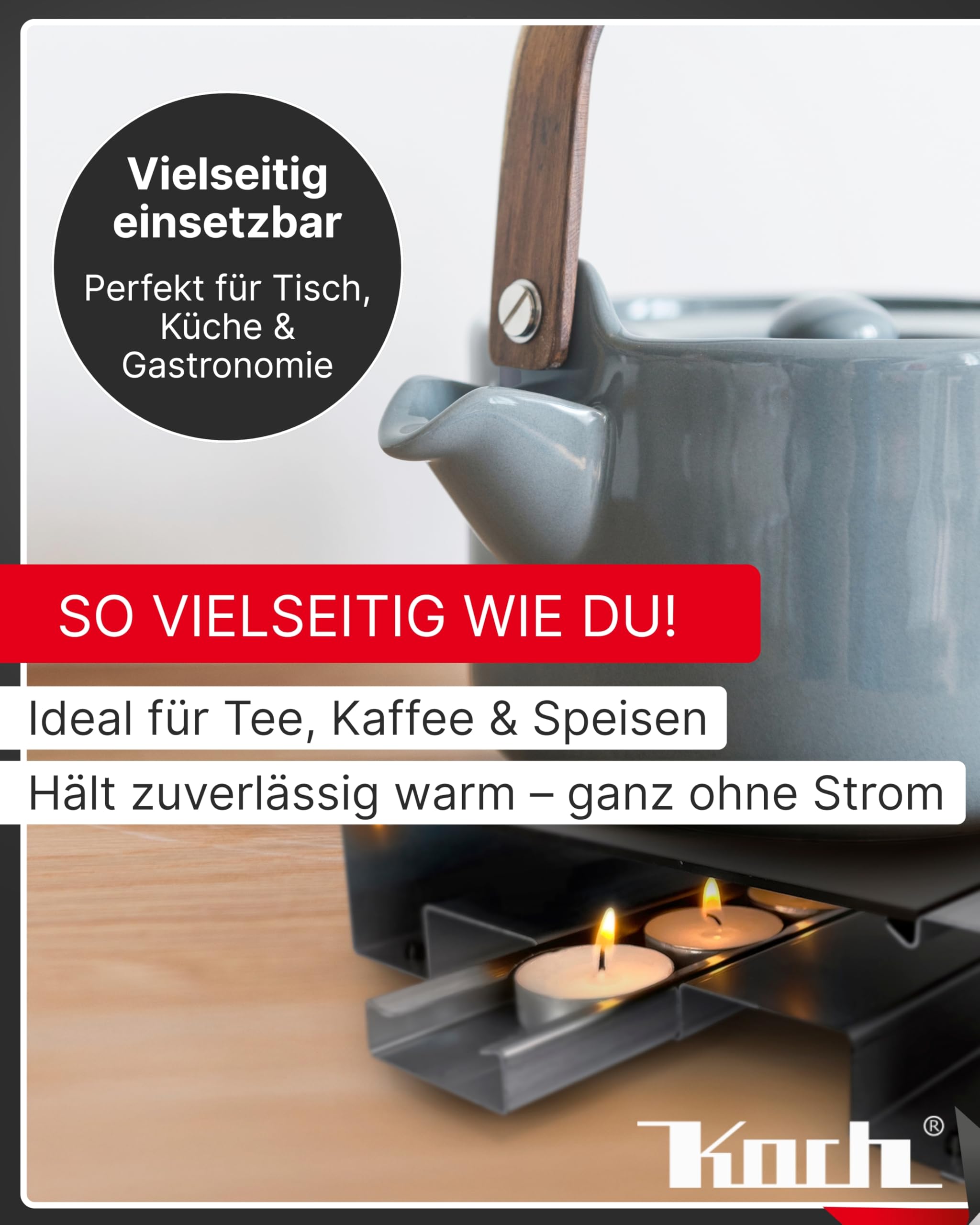 KOCH #00 Edelstahl Rechaud mit Auszug und 3 Teelichtern - Hochwertige Warmhalteplatte/Speisenwärmer/Tellerwärmer/Stövchen