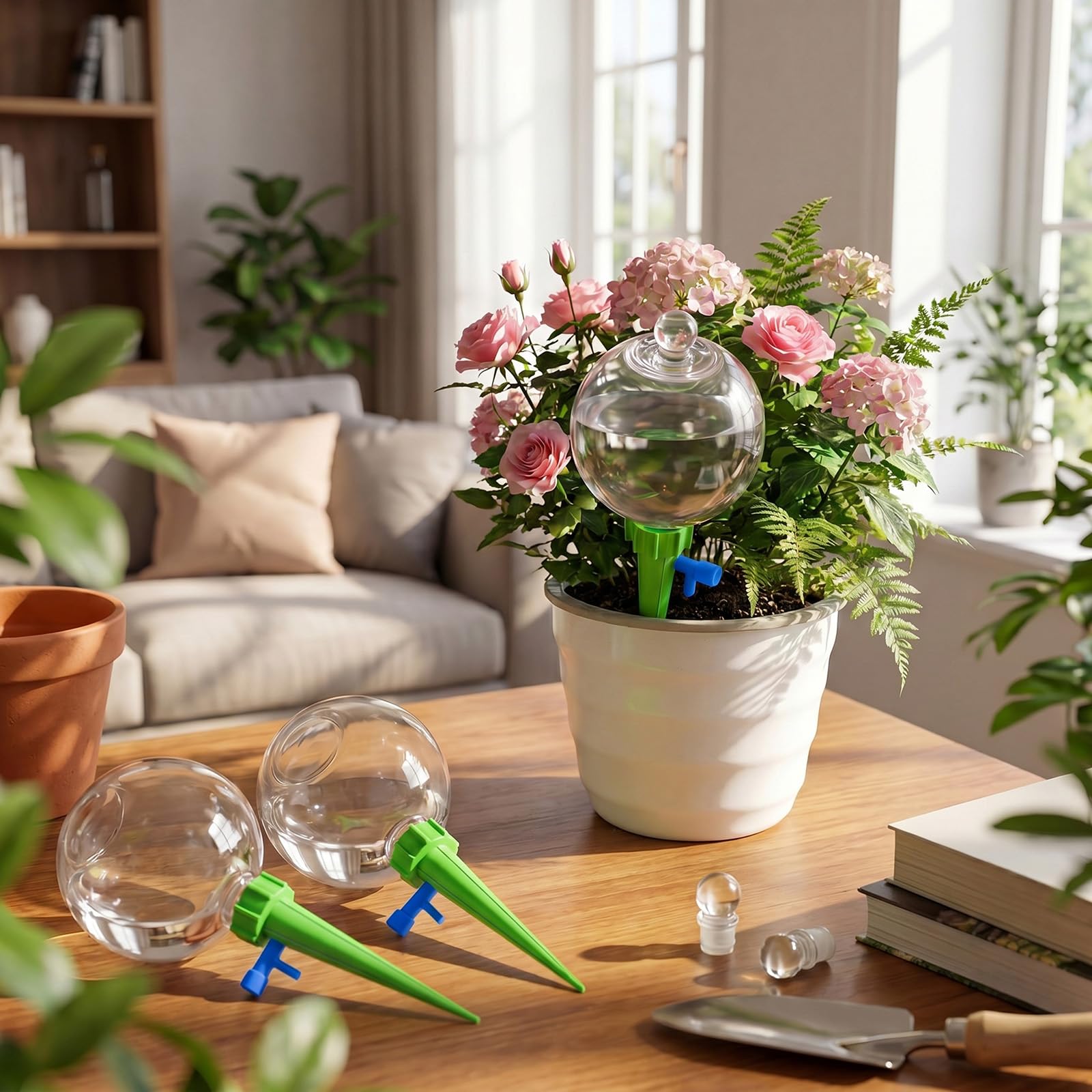 12 sfere autoirriganti per piante da 500 ml, per interni ed esterni, regolabili, in plastica, per riempire le piante, sistema di irrigazione automatica, sistema di punte, paletti (verde)