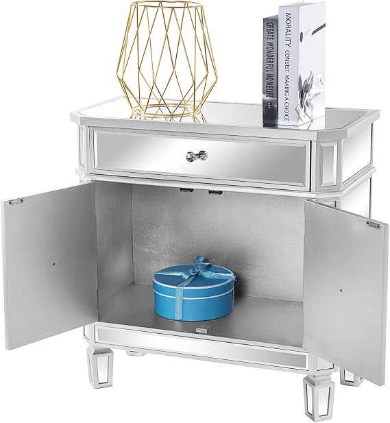 VINGLI Mirrored Cabinet, Mirrored Nightstand, Mirrored Dresser Accent Chest, Large Mirror Nightstand with 1 Drawer and Two Doors, 27.5W x 13.4D x 26.5H, Mirror