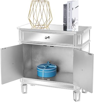 VINGLI Mirrored Cabinet, Mirrored Nightstand, Mirrored Dresser Accent Chest, Large Mirror Nightstand with 1 Drawer and Two Doors, 27.5W x 13.4D x 26.5H, Mirror