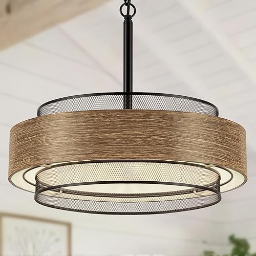 Candelabros de granja de 19.7 pulgadas para comedor, 5 luces, rústicas, grandes, redondas, negras, textura de metal, madera, iluminación colgante