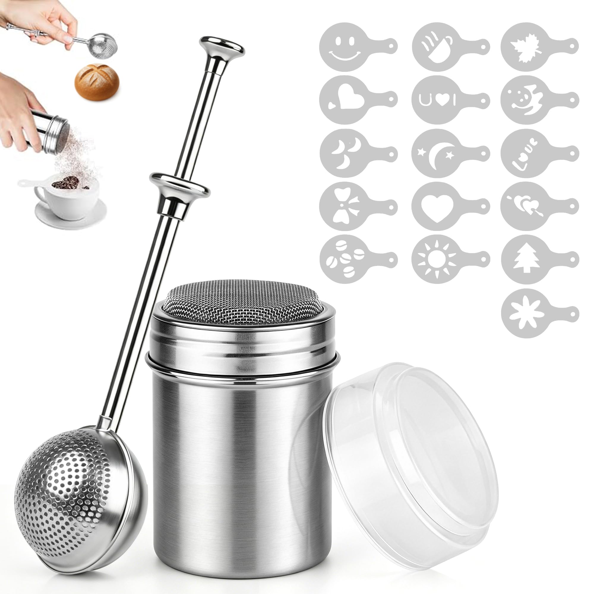 Chocolate Shaker with 16 Coffee Stencil, 2 Pack Coffee Sprinkles Powder Set