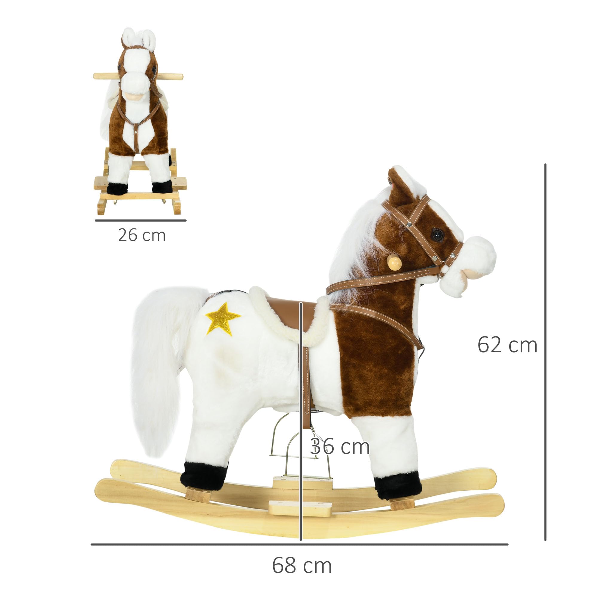 HOMCOM Cavallo a Dondolo per Bambini da 3-6 Anni, Gioco per Bambini Cavalcabile con Suoni in Peluche, 68x26x62cm, Marrone