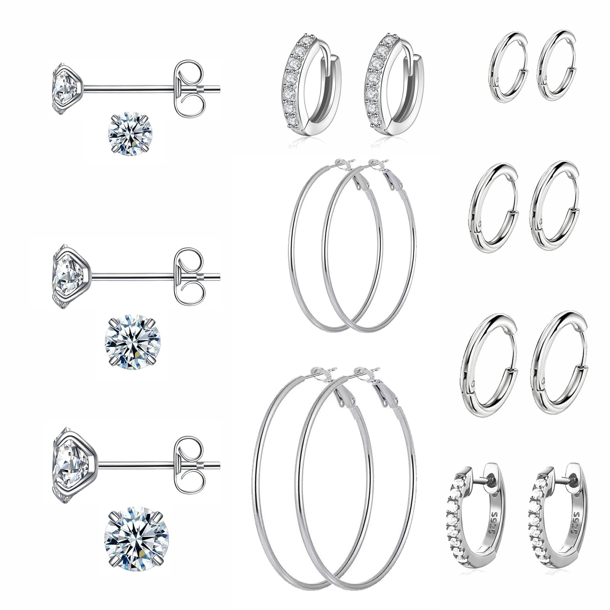 10 Pairs 14K Gold/Silver Plated Cubic Zirconia Earrings Set for Women, Hypoallergenic 925 Silver Cubic Zirconia Stud Earrings Pack For Girls Daily Life (10P Silver)