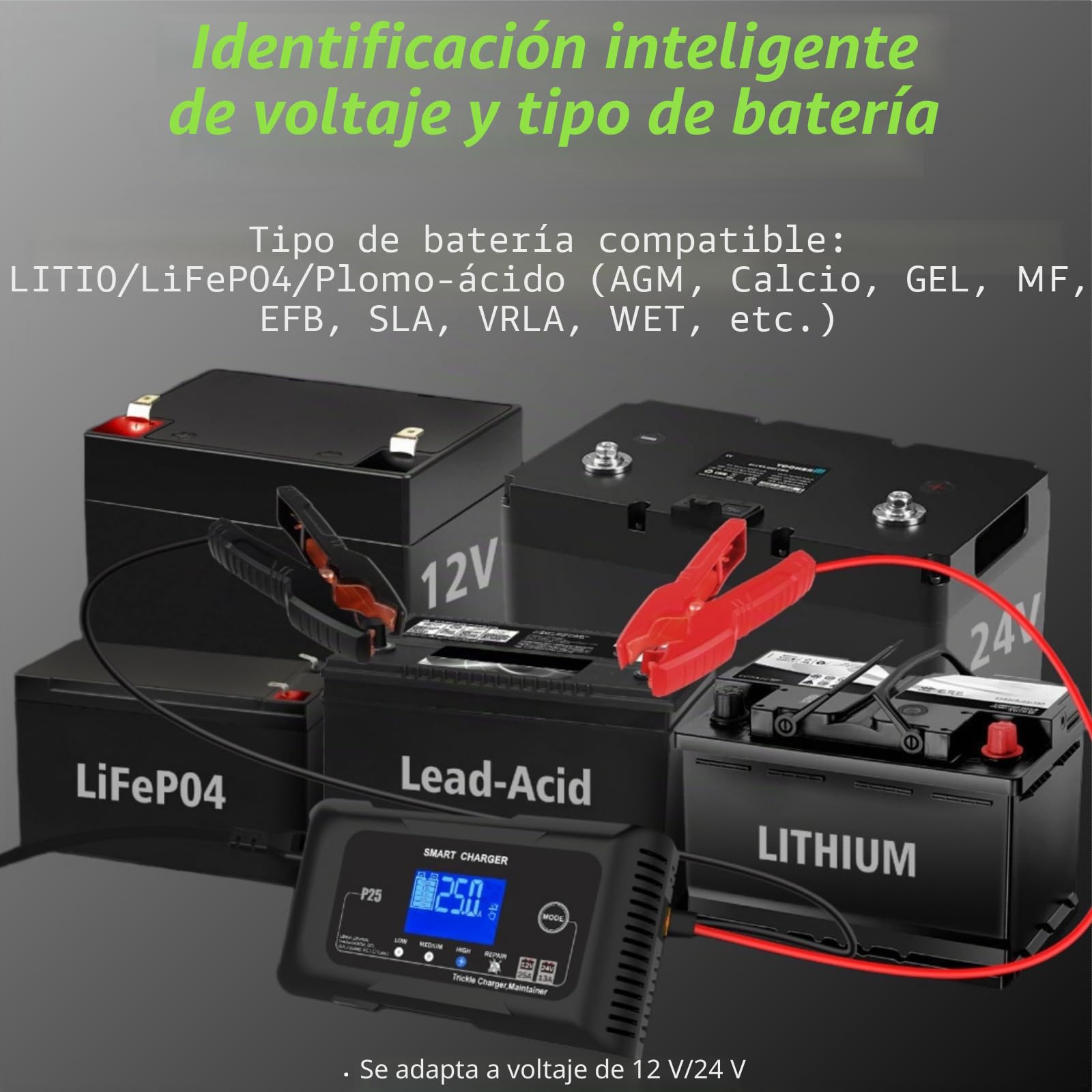 Cargador y mantenedor de batería Inteligente para Coche de 12V/24V y 25A,con 9 etapas de Carga y Pantalla LCD,4 Modos seleccionables para litio/LiFePo4/plomo-ácido/AGM,Compatible con Varios vehículos