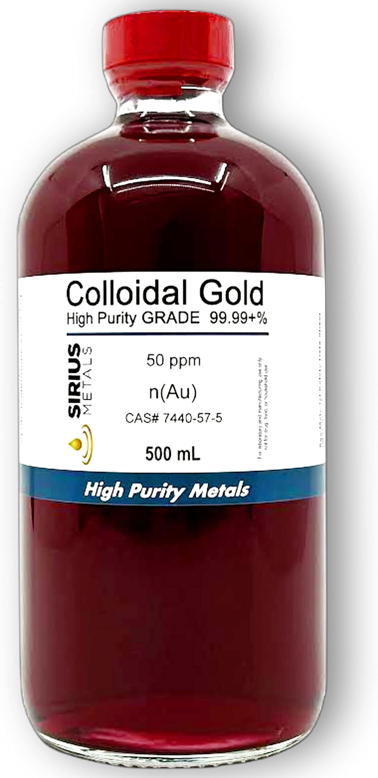 True Colloidal Gold – 50 ppm - 99.99+% Purity - 500 mL (16.9 Fl Oz) in Clear Glass Bottle - Made in USA
