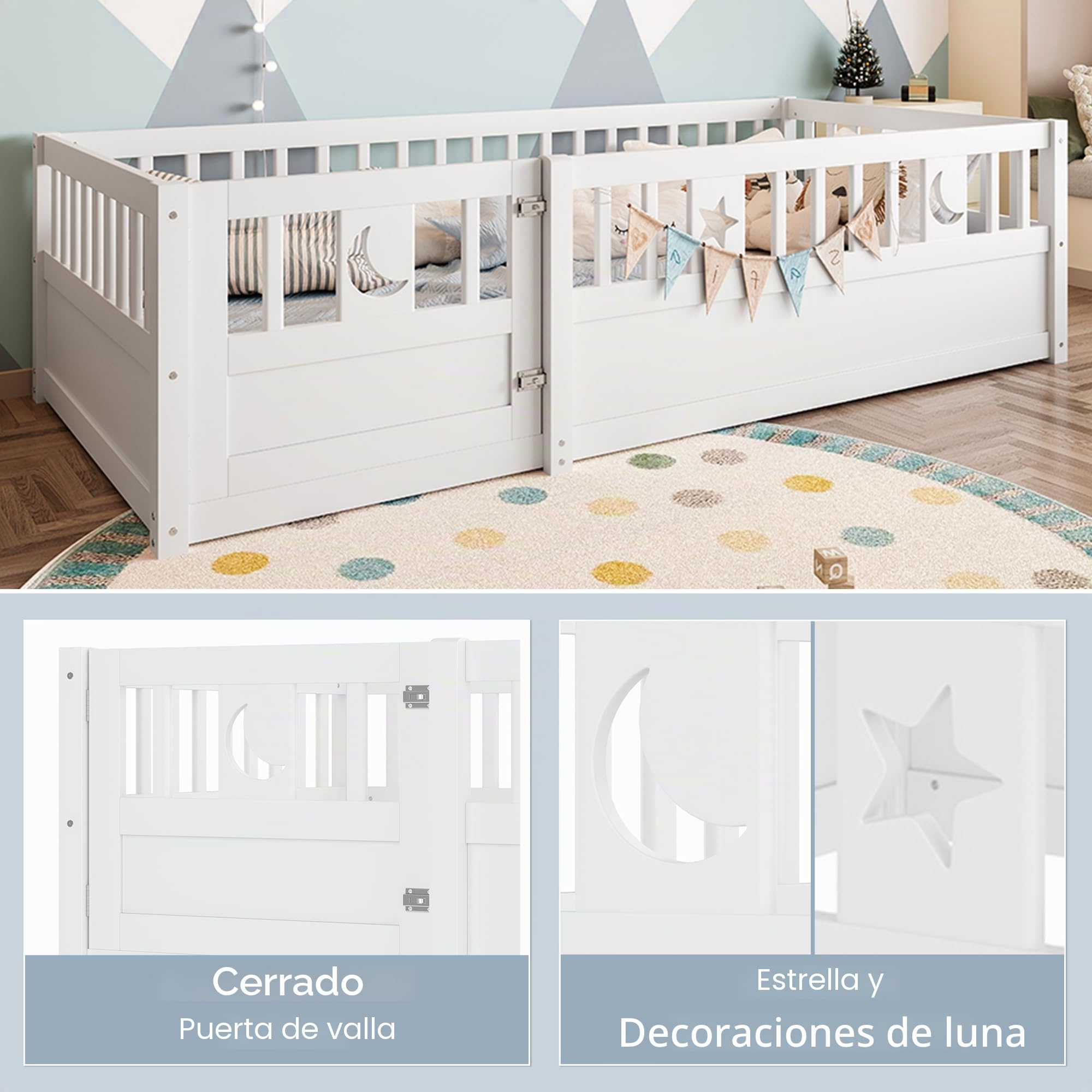 Cama Infantil al Suelo 90 x 190 cm, Cama Montessori con Barreras para Niños con Protección, Decoración de Estrella y Luna, sin somier de láminas, Colchón no Incluido, Blanco