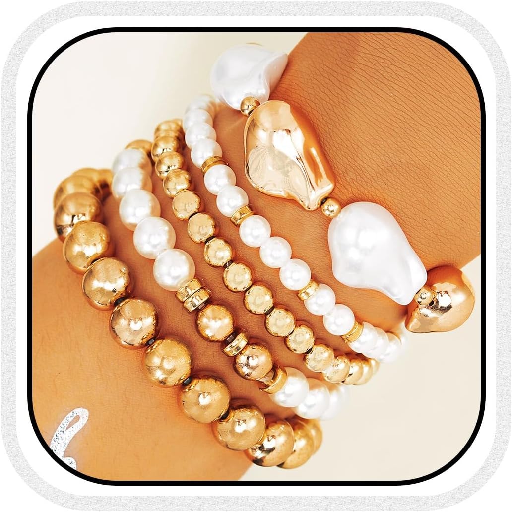 CASDRE Pearl Bracelet Gold Plated Bead Ball Stretch Bracelets Stackable Layering Bracelet for Women