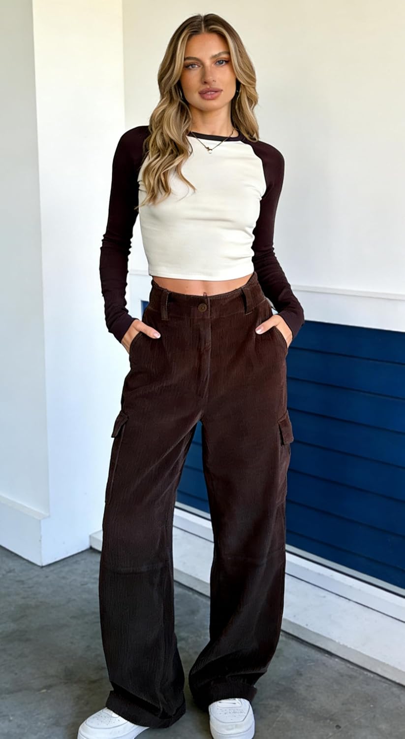 EMMIOL High Waisted Corduroy Pants for Women, Bootcut Wide Leg and Baggy, Cargo Vintage Loose Trouser in Dark Brown Black - Image 4