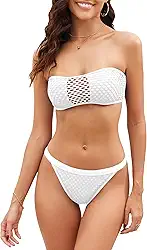 Conjunto de biquíni feminino de malha branca – top bandeau sexy e calcinha tanga, maiô moderno com design exclusivo, perfeito para festas na praia e na piscina