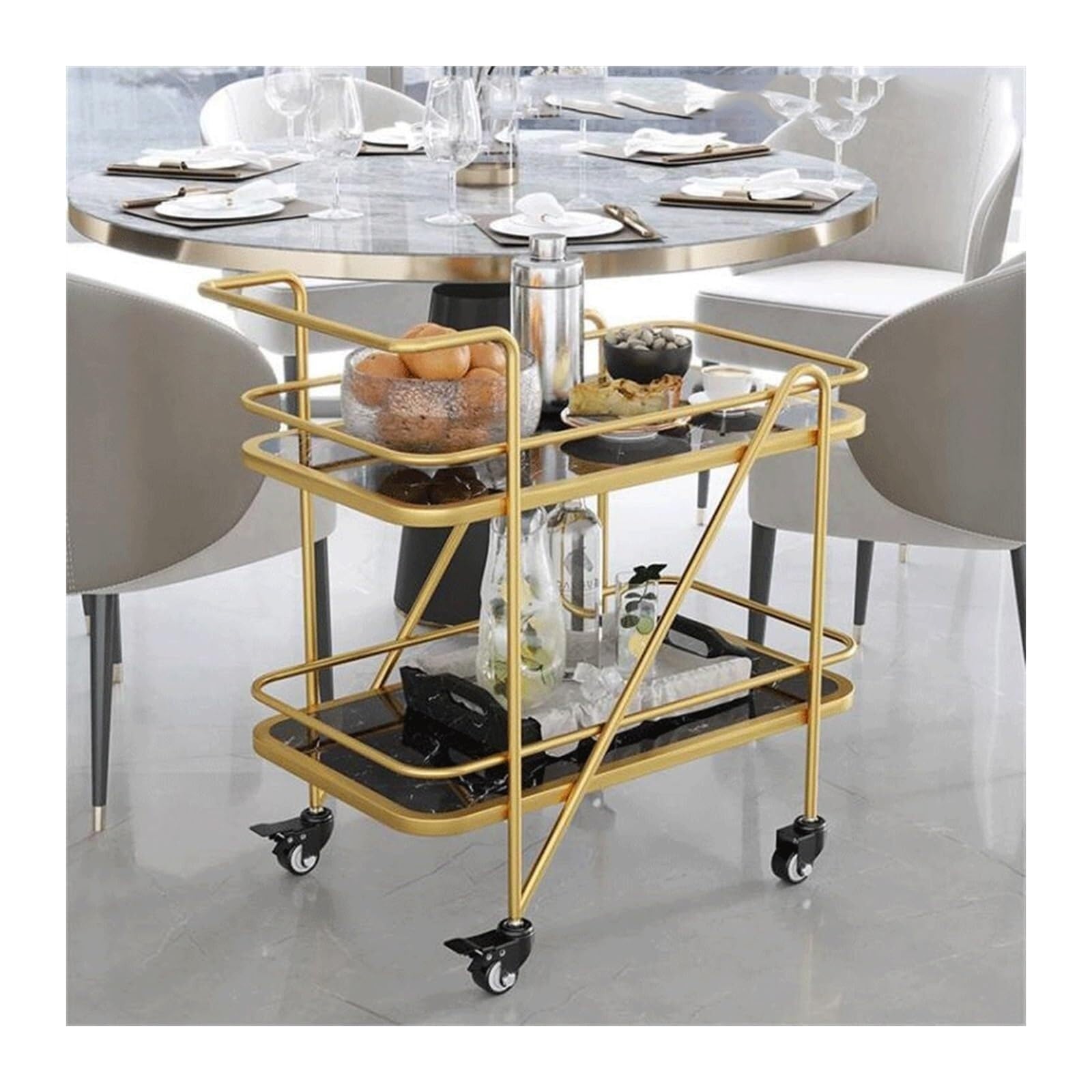 Chariot à roulettes à 2 niveaux, chariot de service de boissons en métal, tabouret de cuisine en marbre, chariot utilitaire maison et hôtel, d & noir, Slish nizer pour les espaces de salle à manger et
