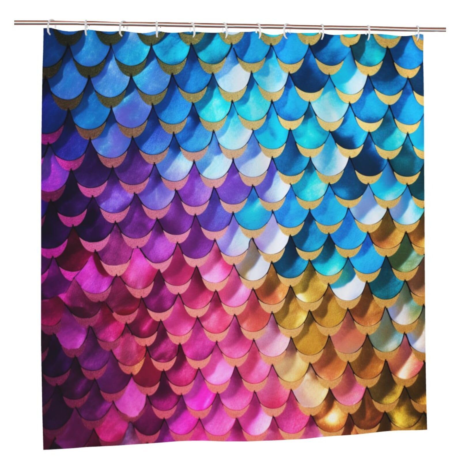 BWWHCCTI Colored Fish Scale Printed Shower Curtain With 12 Plastic Hooks Opaque Quick Drying Waterproof Shower Curtains Sets For Bathroom 183x183 CM