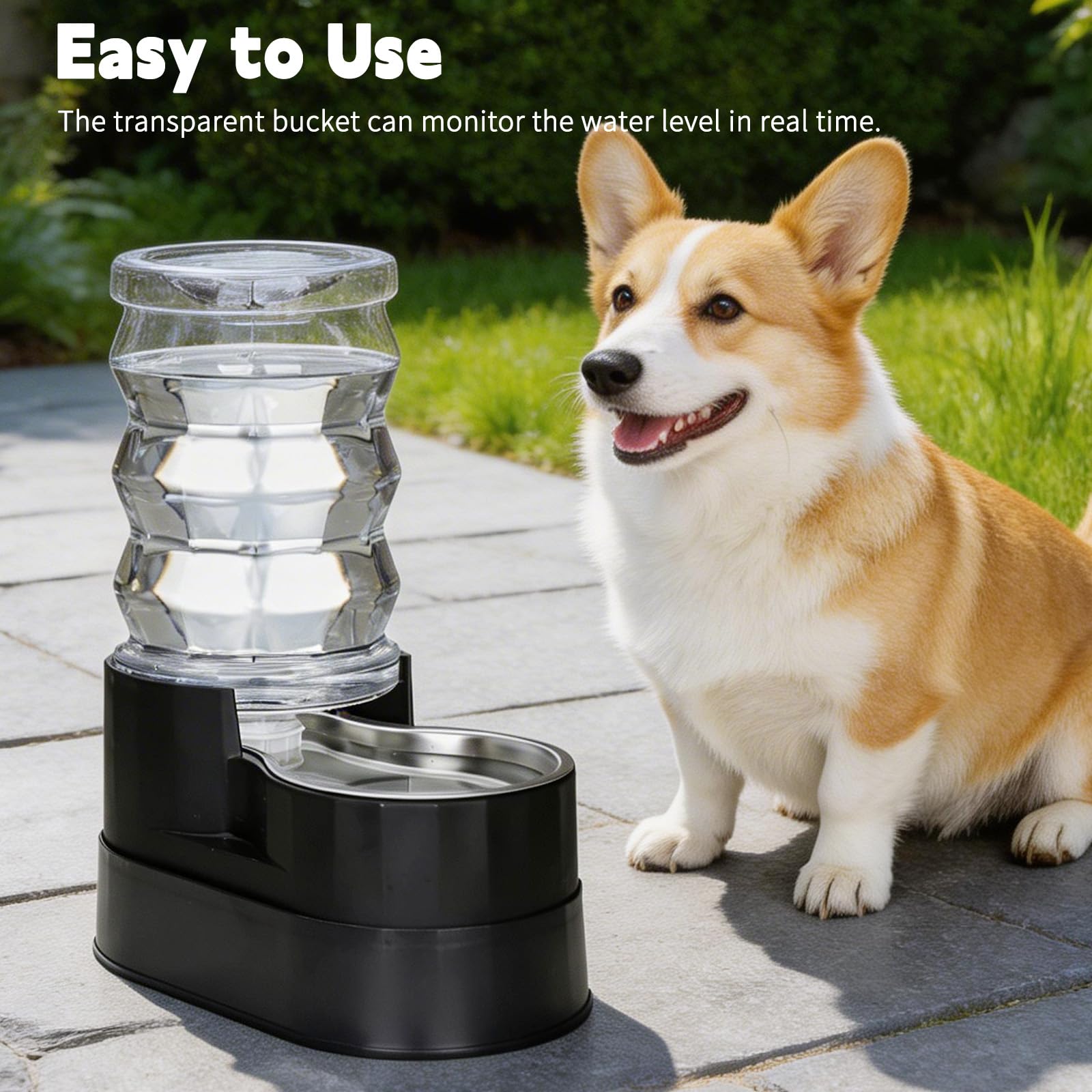 RIZZARI Mangiatoia per acqua in acciaio inox: 7 l, nero, grande capacità e dispenser automatico a gravità, design anti-fuoriuscita per cani anziani con problemi alla colonna vertebrale, uso in garage