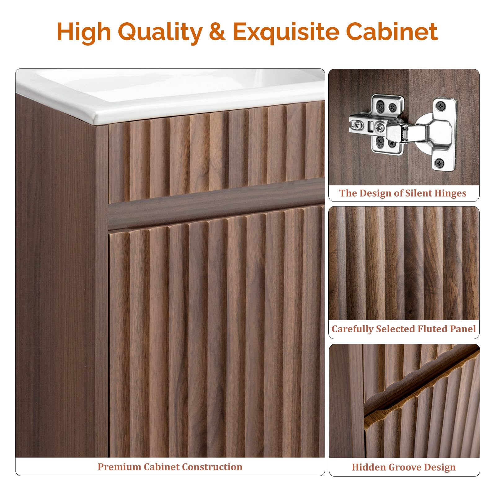 Bonnlo Meuble Salle de Bain Mural avec Vasque en Céramique, Meuble de Rangement Complet Suspendu avec Lavabo en Couleur Noyer, Petit Meuble pour WC, 46 x 26 x 51 cm