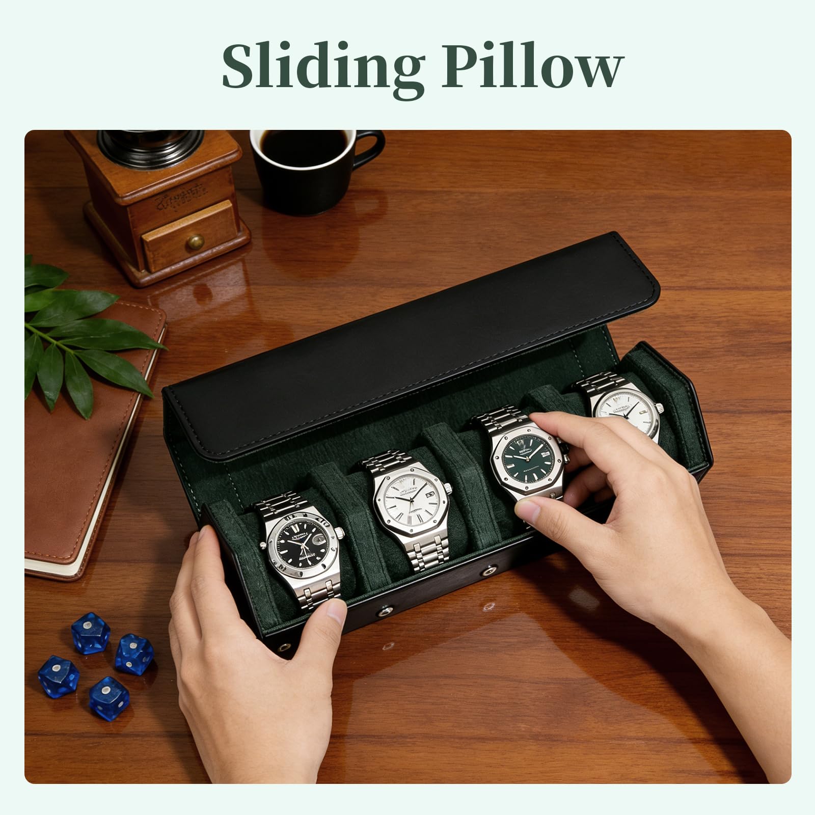 Rotolo per orologi in pelle per 4 orologi, custodia da viaggio foderata in velluto, organizer per orologi di lusso con stoccaggio ed esposizione, per uomo (4 scomparti, nero verde)