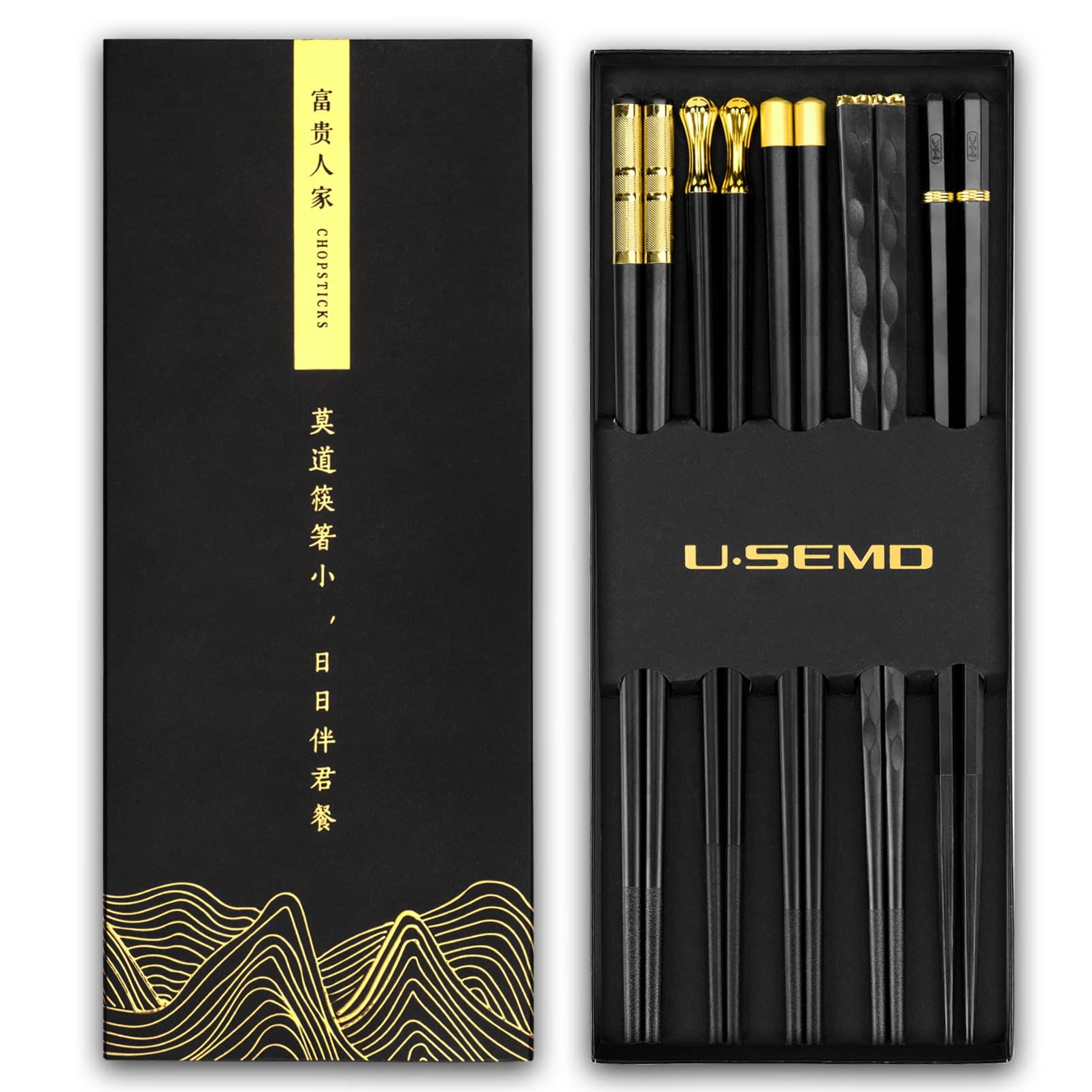 5 Pairs Reusable Chopsticks Sushi Chopsticks, Alloy Chop Sticks Cutlery Black Matt, Non Slip Dinnerware Set, Dishwasher Safe Anime Chopsticks Chinese Fiberglass Chopsticks (Black Gold)