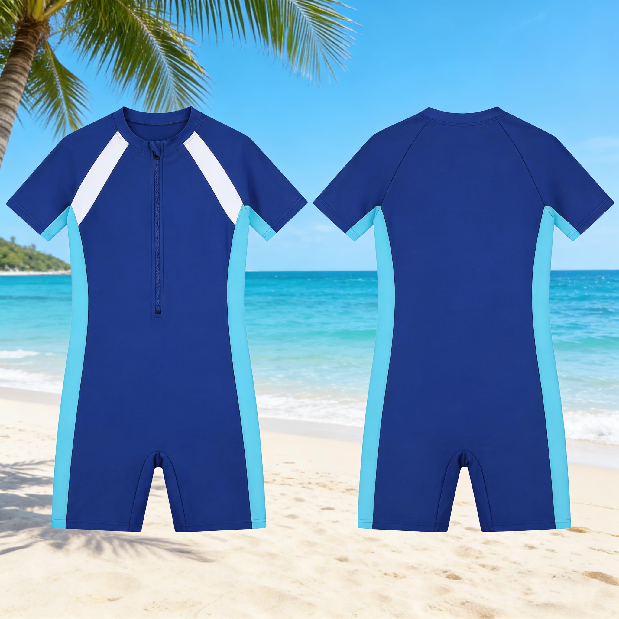 Maillot de Bain Fille et Garçon, Combinaison de Natation Une Pièce à Manches Courtes avec Fermeture Éclair+Bonnet, Enfant Costume de Bain pour Piscine et Plage Été, 4-12 Ans