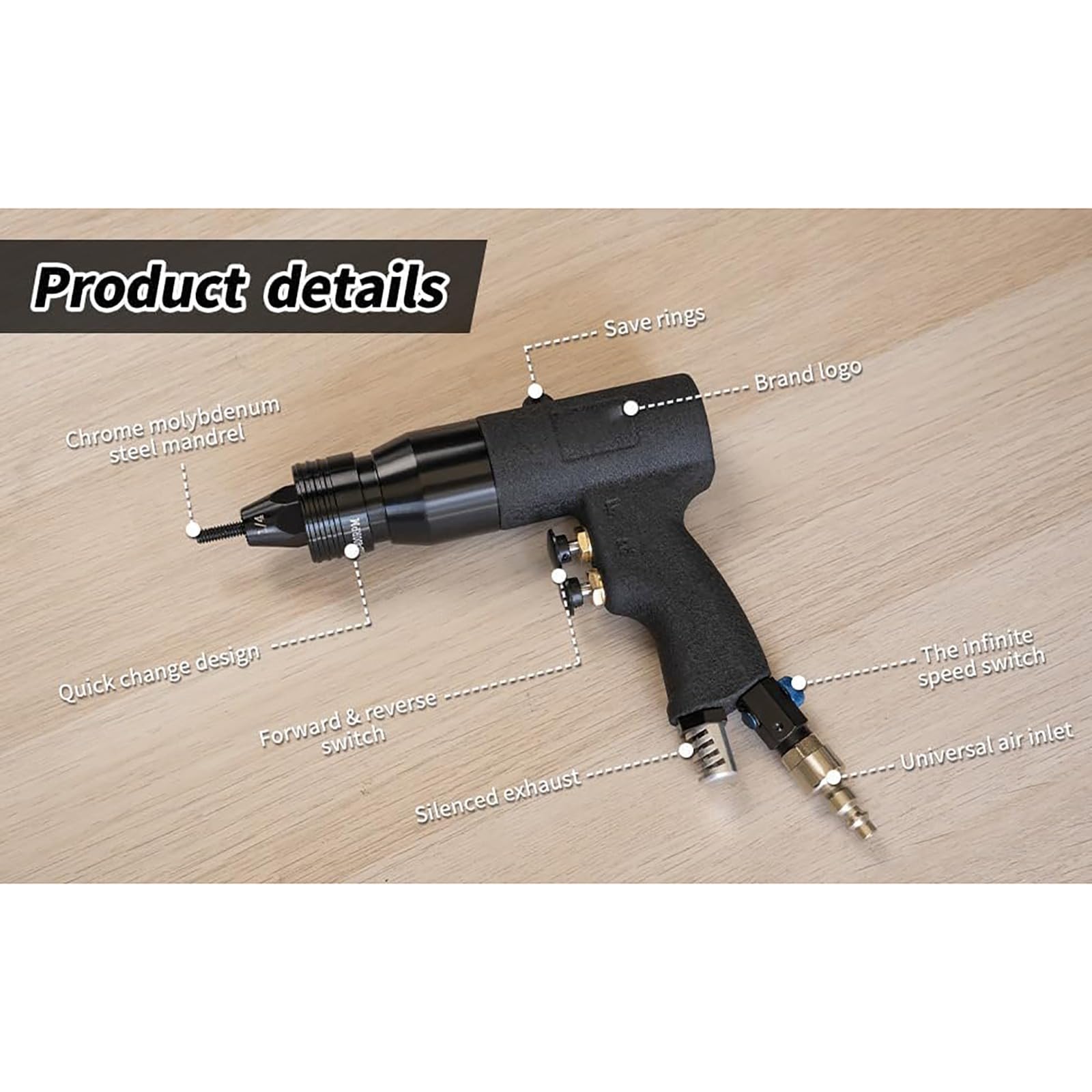 Pistola remachadora neumática, pistola remachadora neumática industrial con diseño de avance y retroceso y velocidad ajustable, tuercas de tracción M3 - M12 para electromecánica