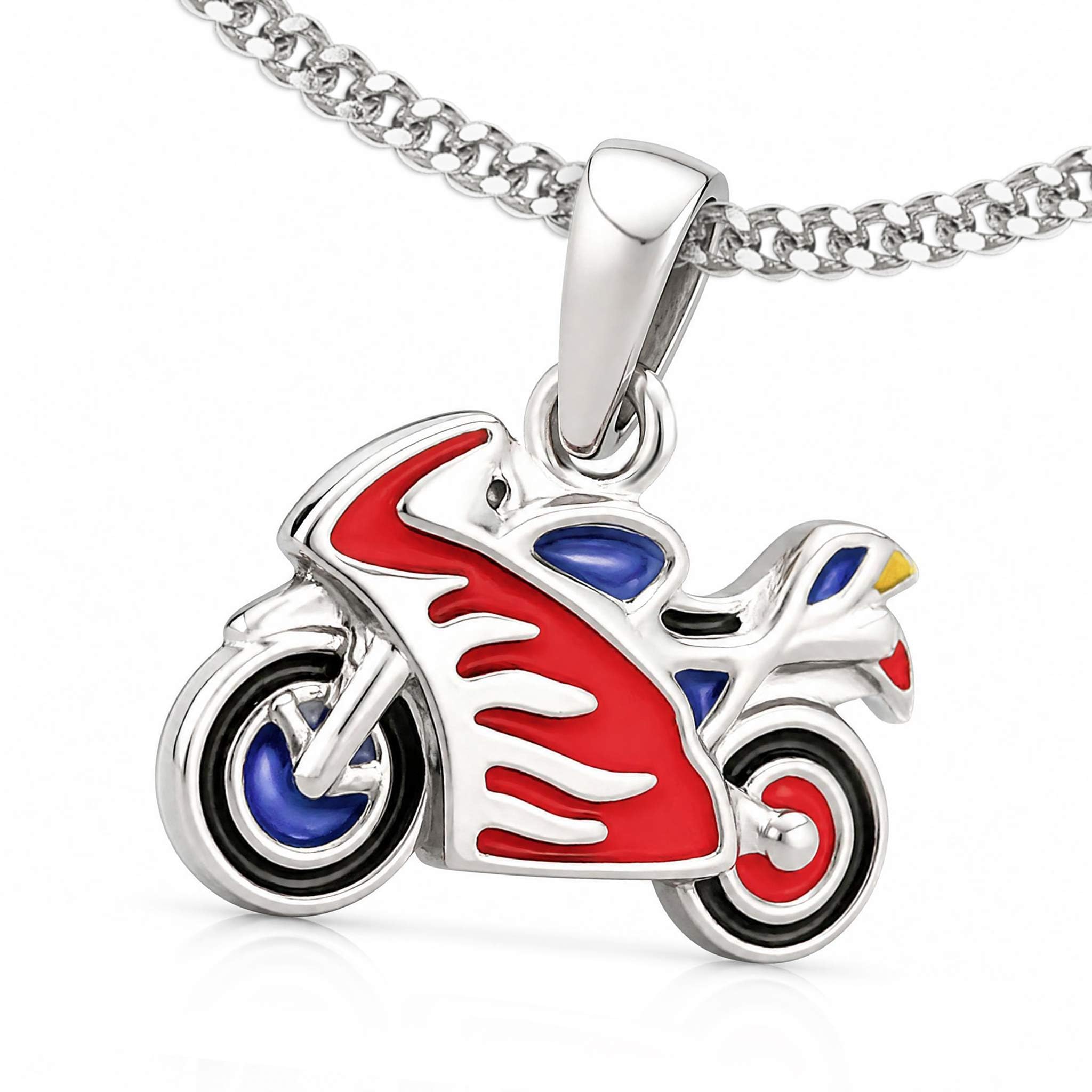 Clever Schmuck Parure de bijoux avec petit pendentif moto 12 x 7 mm vernis multicolore laqué et chaîne gourmette 38 cm en argent 925 pour enfant