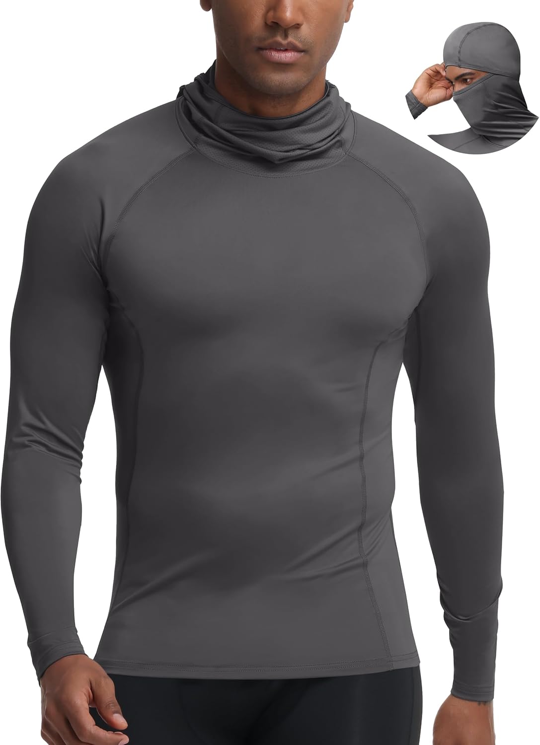 Roadbox Men's Compression Shirt Hoodie with Mask, Long Sleeve Workout Athletic Base Layer, Sports Gym Running Undershirt Top