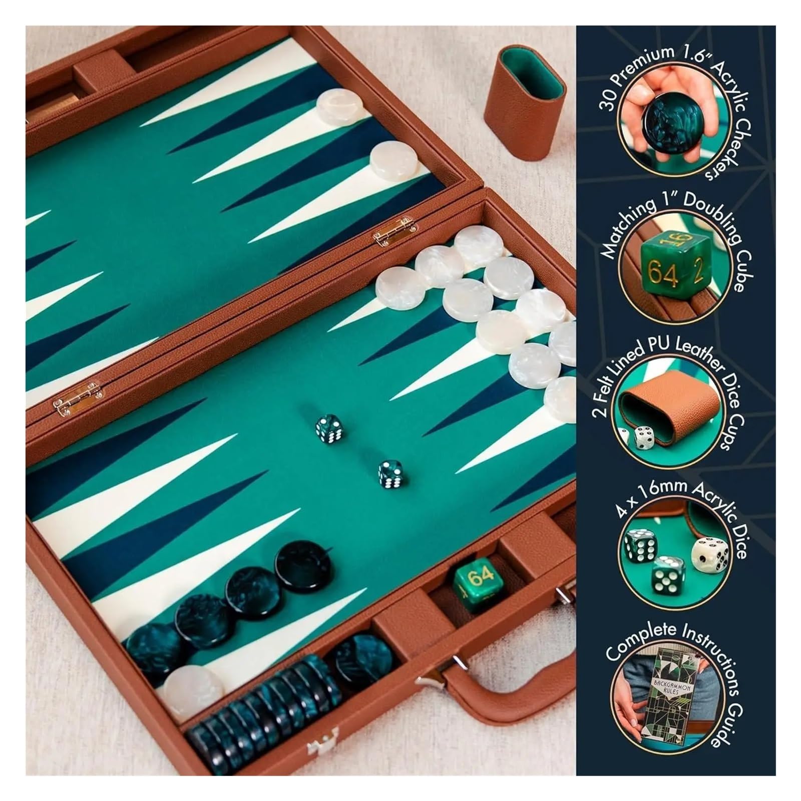 Wysokiej jakości skórzany zestaw backgammon - 19-calowy podróżny zestaw z kostkami i pionkami
