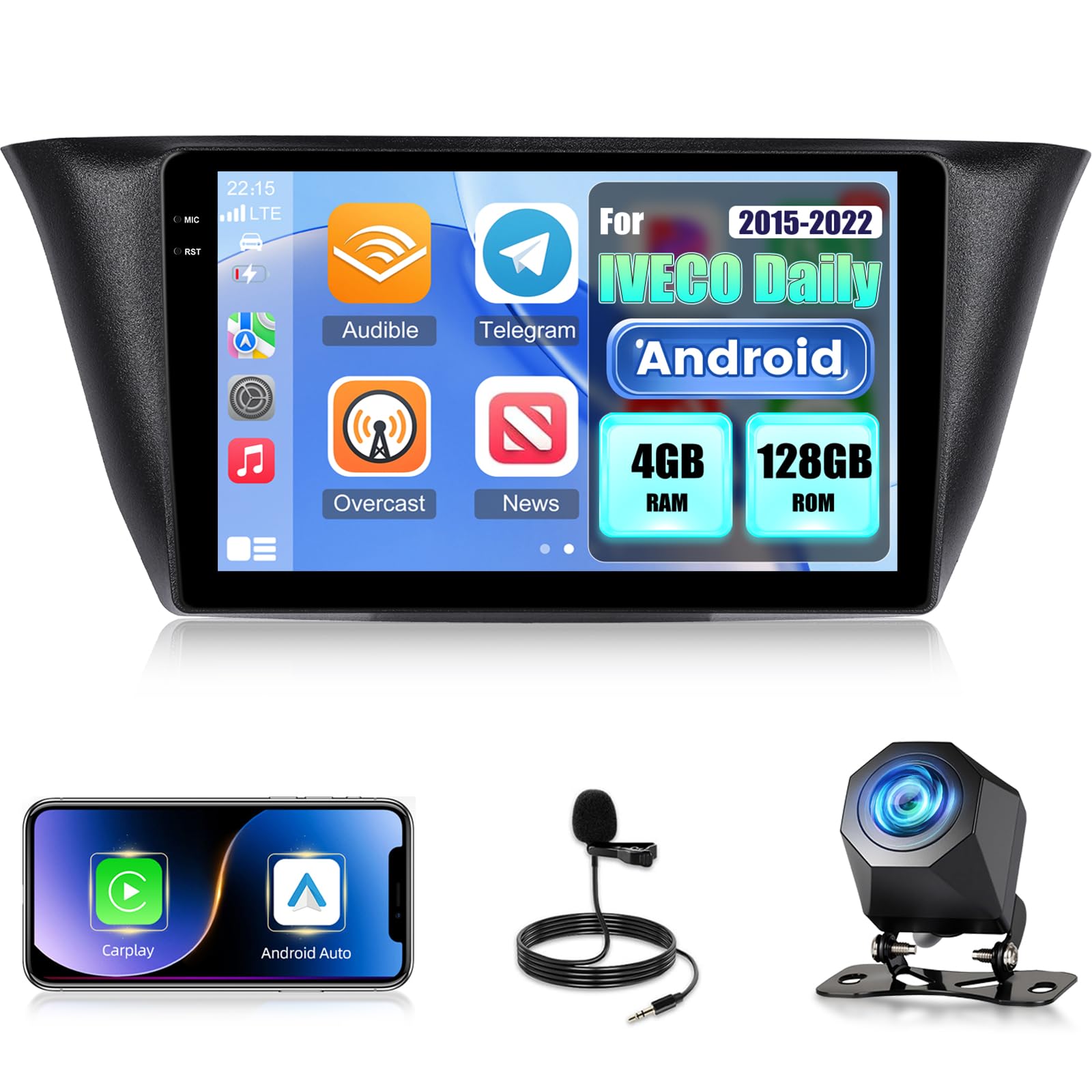 NHOPEEW 4+128G Android Autoradio per IVECO Daily 2015-2022 con Wireless Carplay e Android Auto - Schermo incell da 9 pollici Supporto WiFi GPS Comandi al volante + Telecamera di retromarcia, Canbus