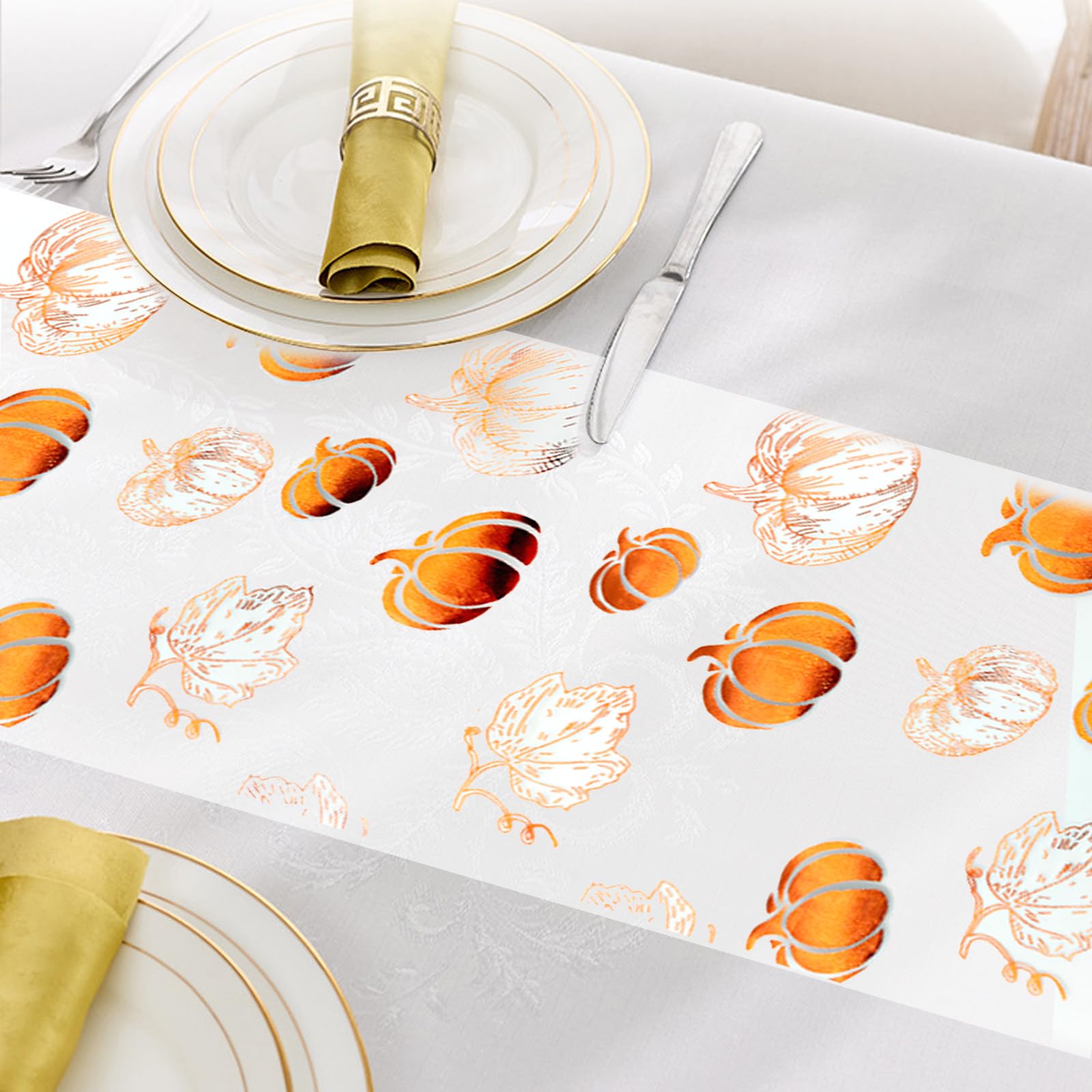 Chemin De Table Automne Halloween - 28x275cm En Polyester Avec Motifs Citrouilles Et Feuilles D'Érable Dorées - 5